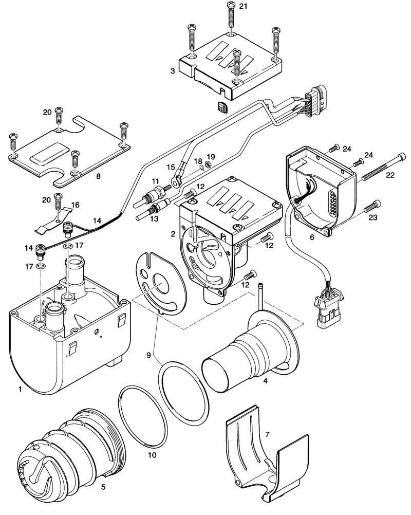 Sprängskiss Eberspächer HYDRONIC D3WZ Opel Omega – vattenvärmare (utgången) – ritning 1
